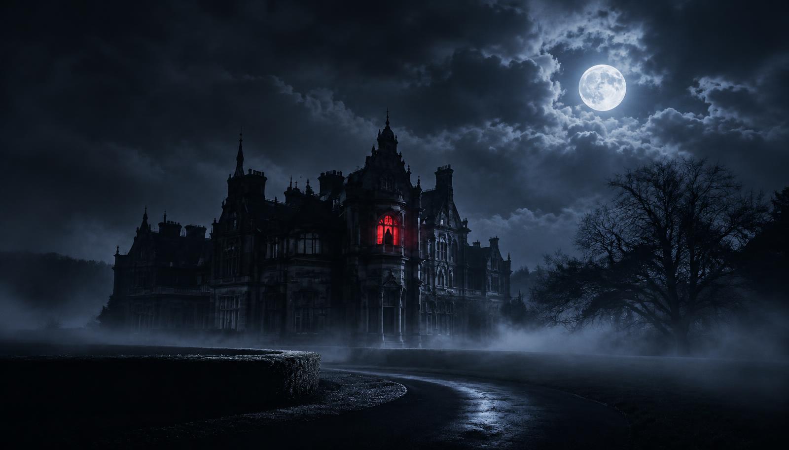 A haunted gothic mansion at night with one red-lit window